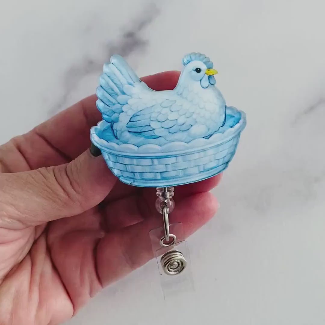 Blue Hen on Nest Badge Reel – Classic Farmhouse Charm ID Holder