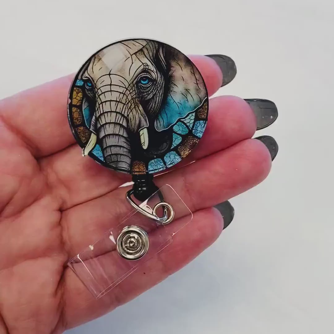Elephant Faux Stained Glass Badge Reel – Wildlife ID Holder