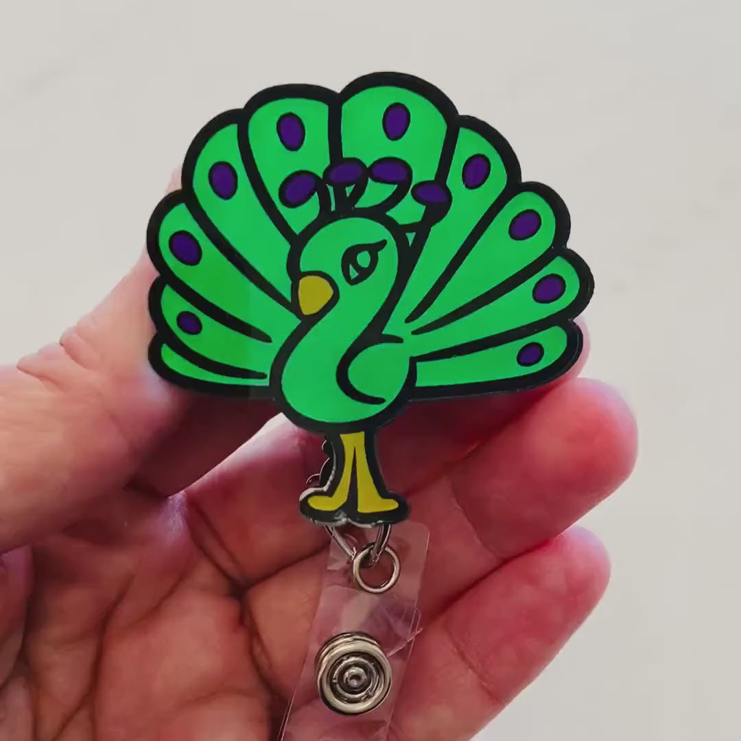 Peacock Badge Reel – Bright & Playful Bird ID Holder
