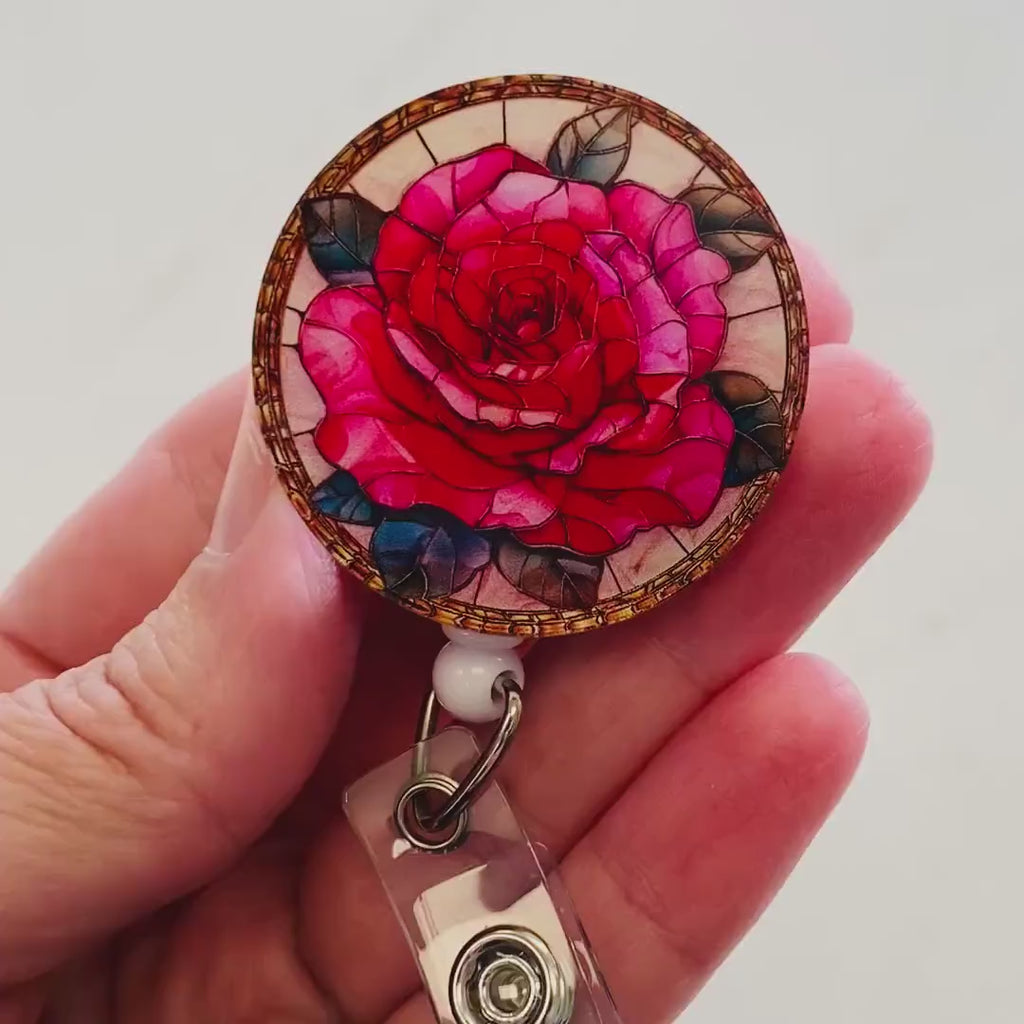 Rose Faux Stained Glass Badge Reel – Floral ID Holder