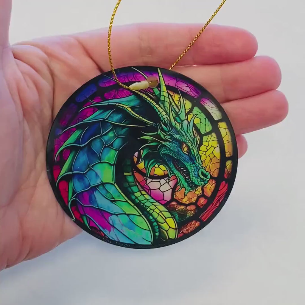 Dragon Faux Stained Glass Ornament – Fantasy Art Keepsake