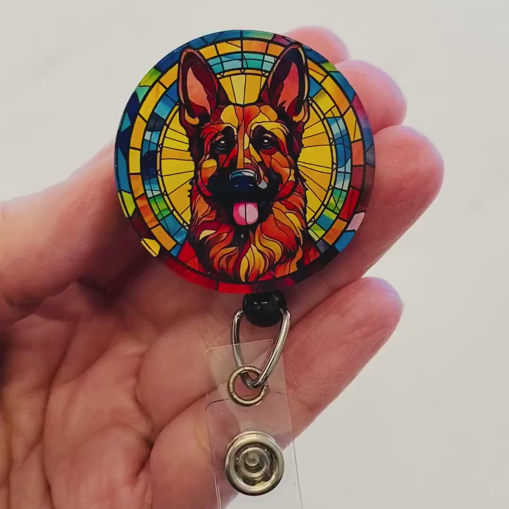 German Shepherd  Badge Reel – Faux Stained Glass Dog Badge Reel - Bold Dog Lover ID Holder