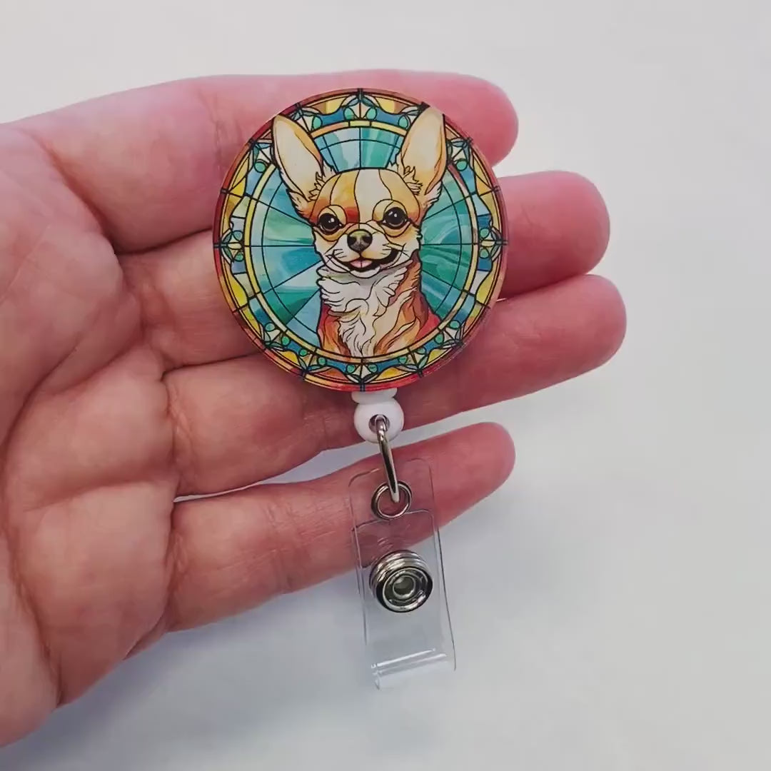 Chihuahua Faux Stained Glass Badge Reel – Cute Dog ID Holder