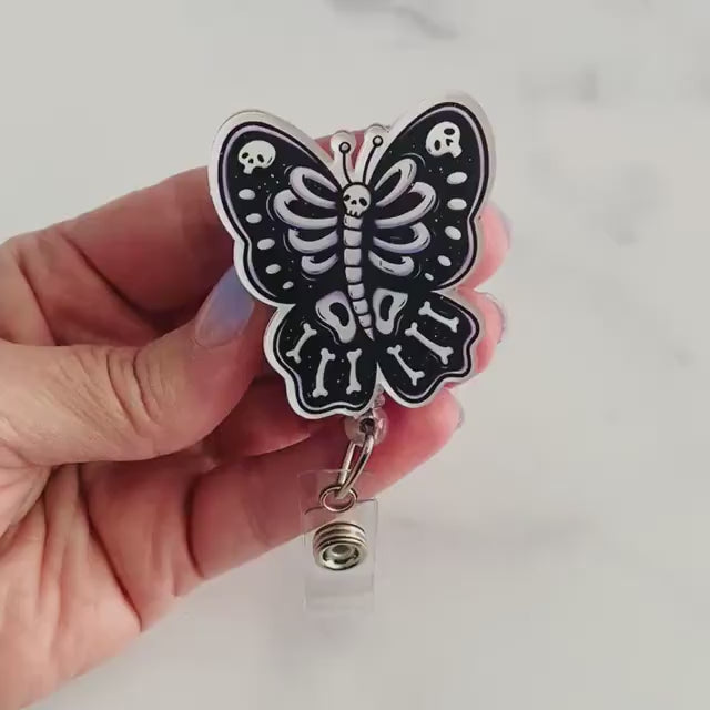 Gothic Skeleton Butterfly Badge Reel – Spooky Retractable ID Holder