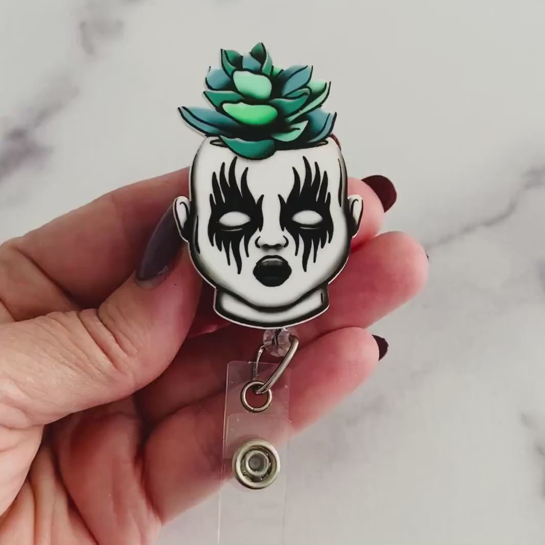 Gothic Succulent Doll Badge Reel – Spooky Cute Retractable ID Holder