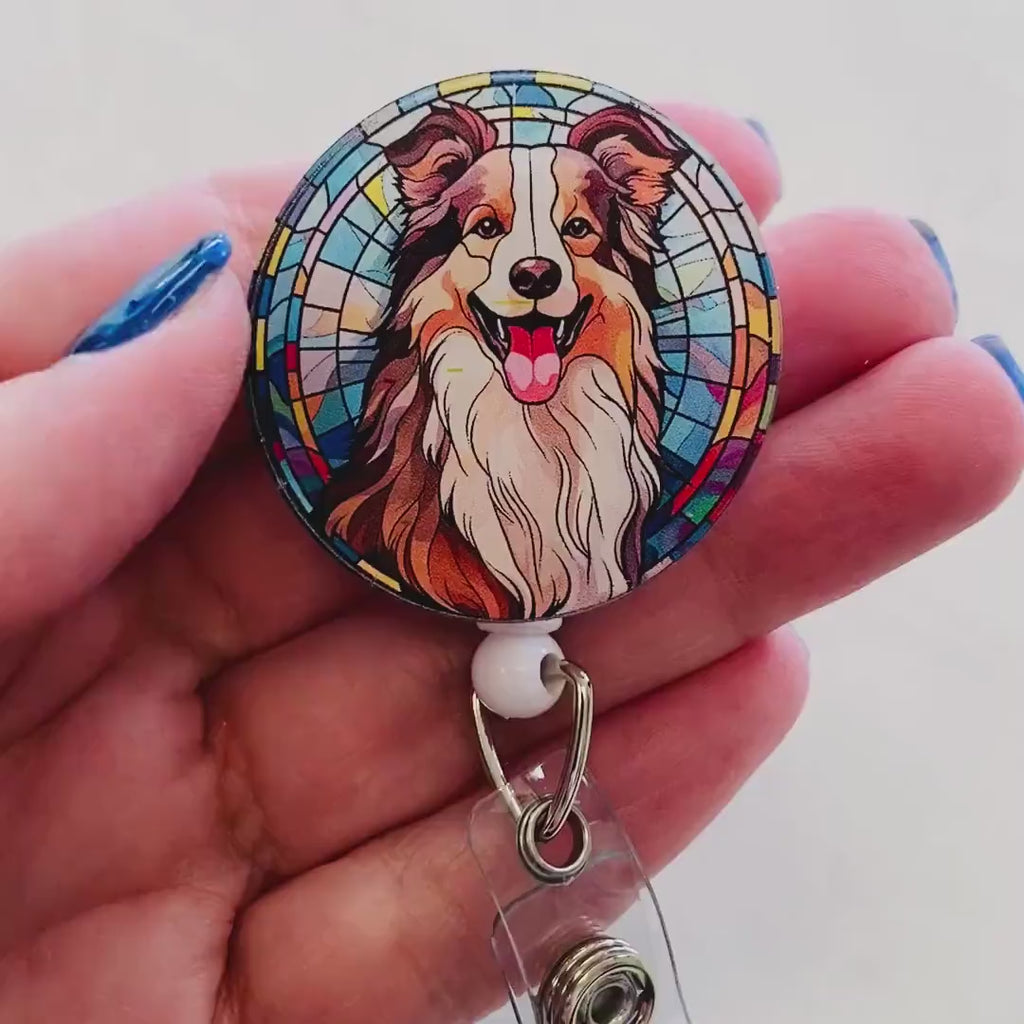 Border Collie Faux Stained Glass Badge Reel – Colorful Dog Lover ID Holder