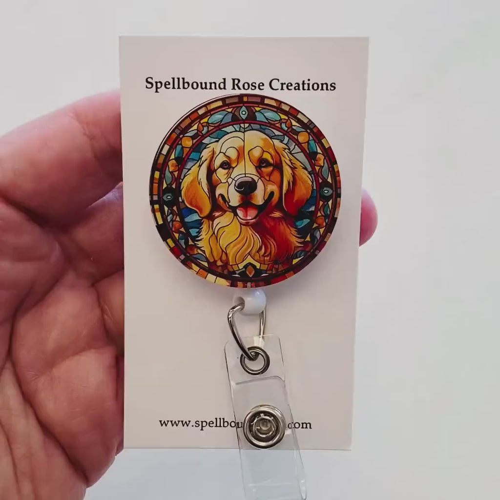 Golden Retriever Badge Reel – Faux Stained Glass Badge Reel - Dog Lover ID Holder