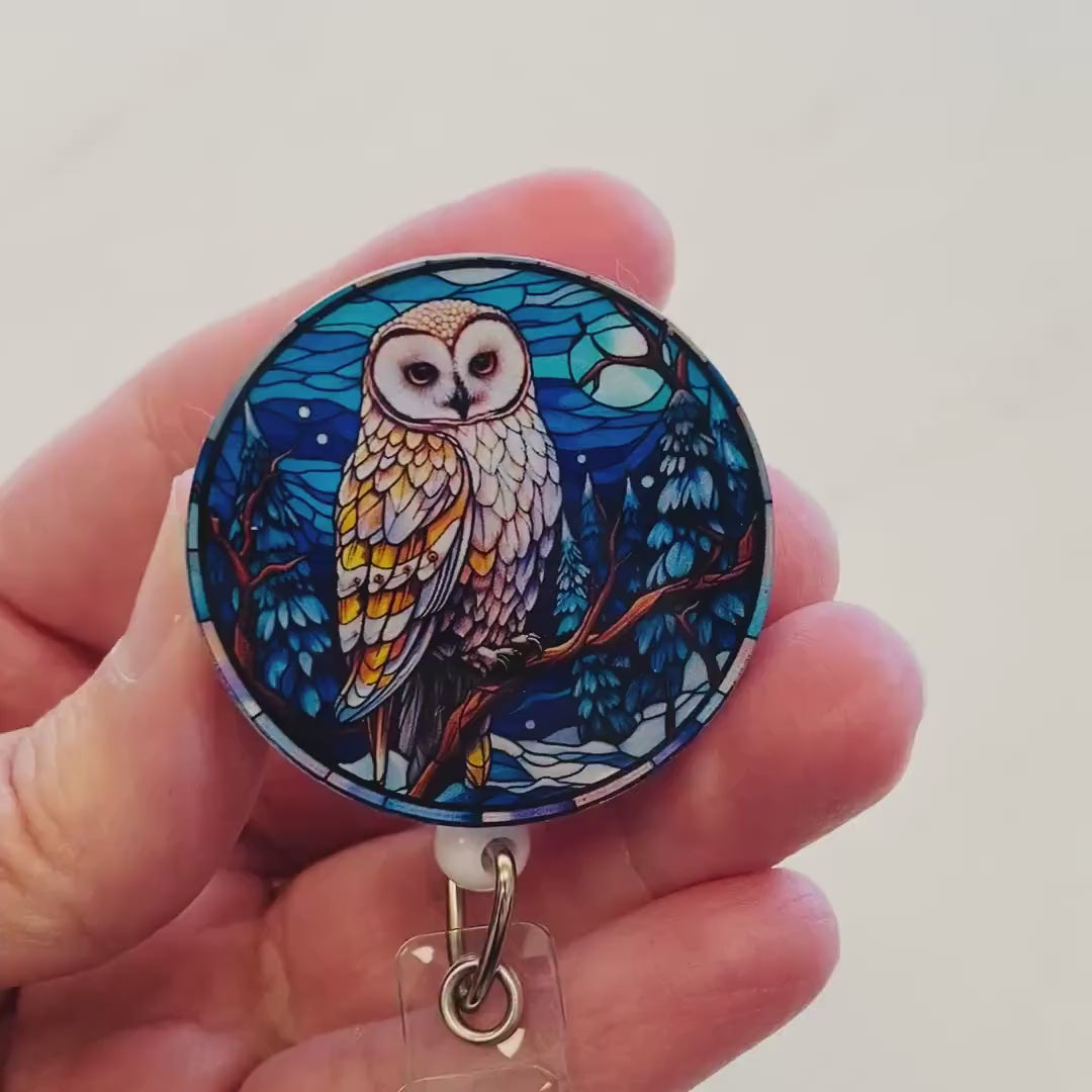 Owl Faux Stained Glass Badge Reel – Night Sky Bird ID Holder