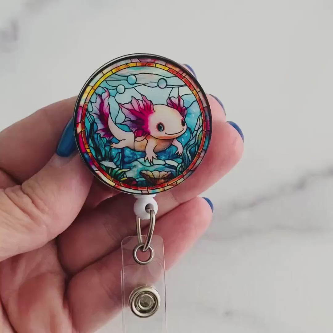 Axolotl Stained Glass Badge Reel – Cute Aquatic ID Holder