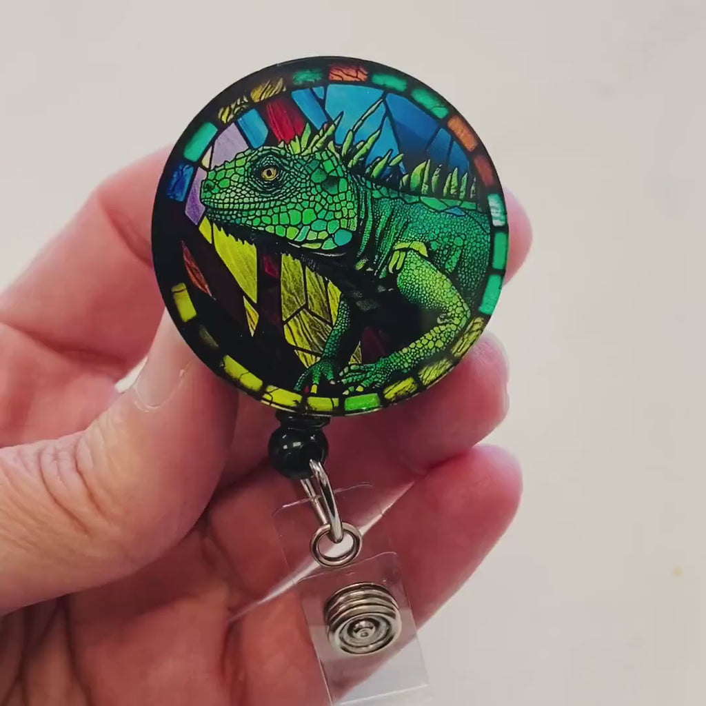 Iguana Faux Stained Glass Badge Reel – Reptile Lover ID Holder
