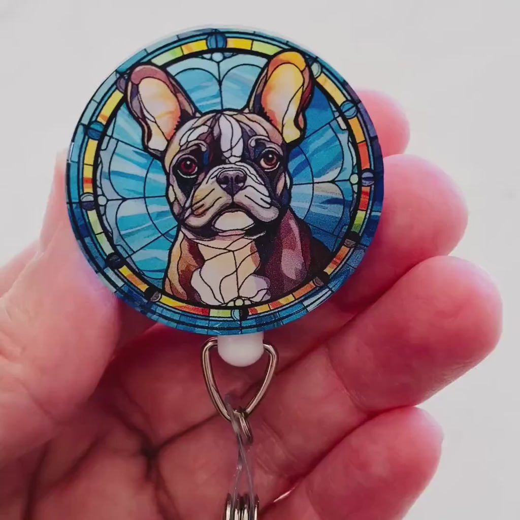 French Bulldog Faux Stained Glass Badge Reel – Cute Dog Lover ID Holder