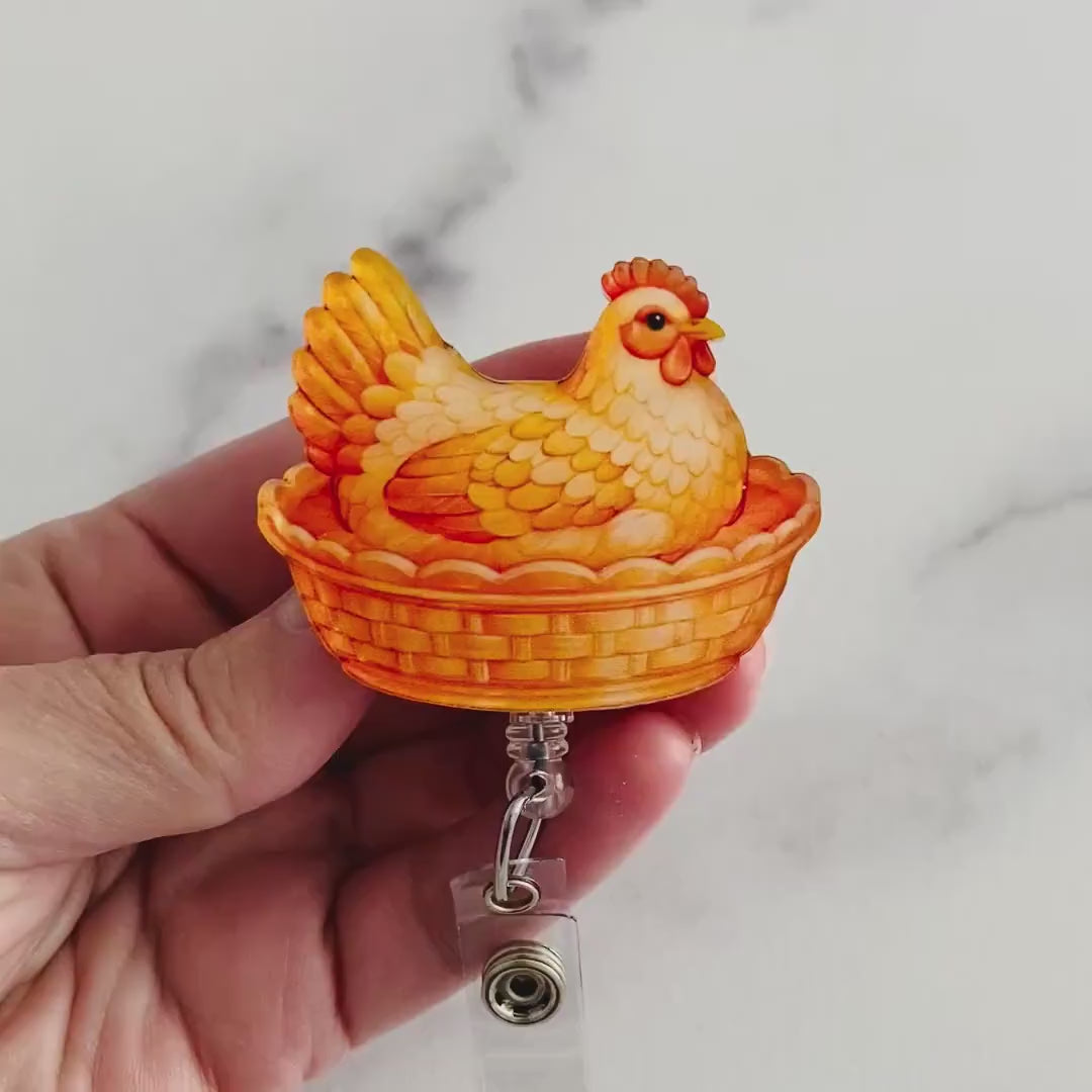 Orange Hen on Nest Badge Reel – Warm Farmhouse Style ID Holder