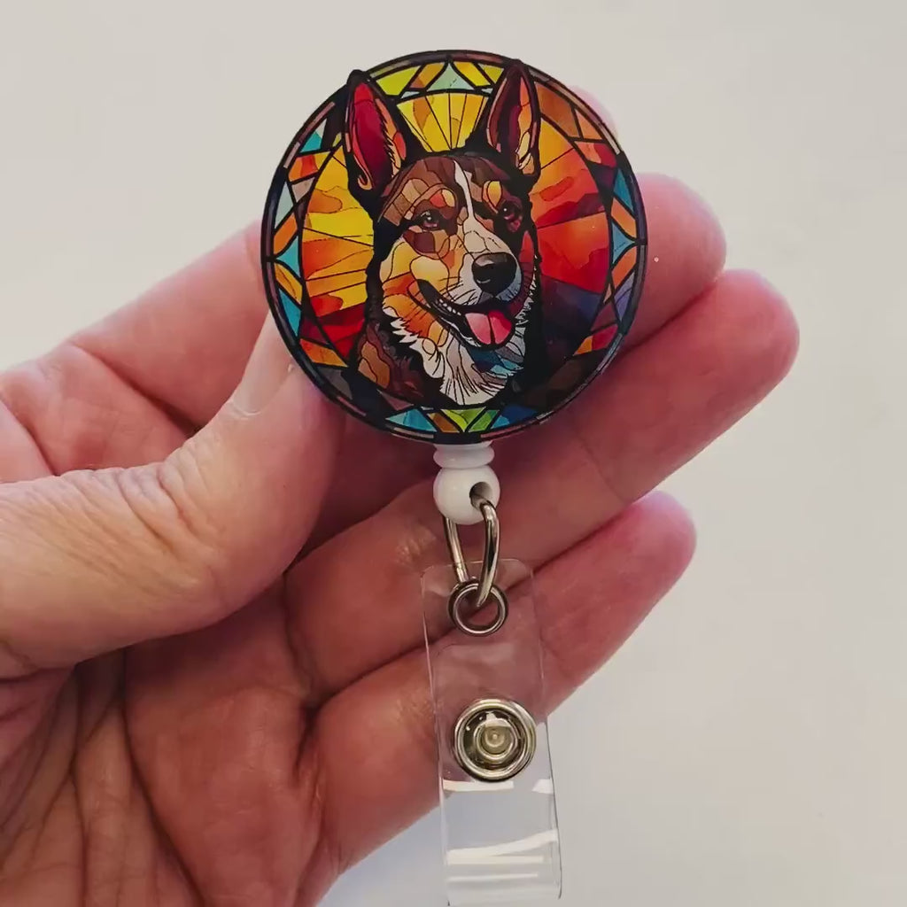 Australian Cattle Dog Badge Reel – Heeler Dog ID Holder - Faux Stained Glass